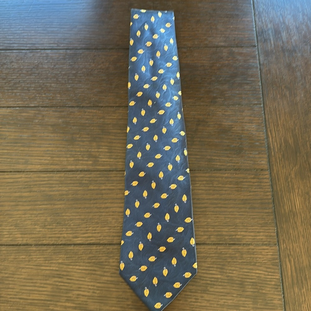 Lanvin Blue and Gold Leaf Print Silk Tie